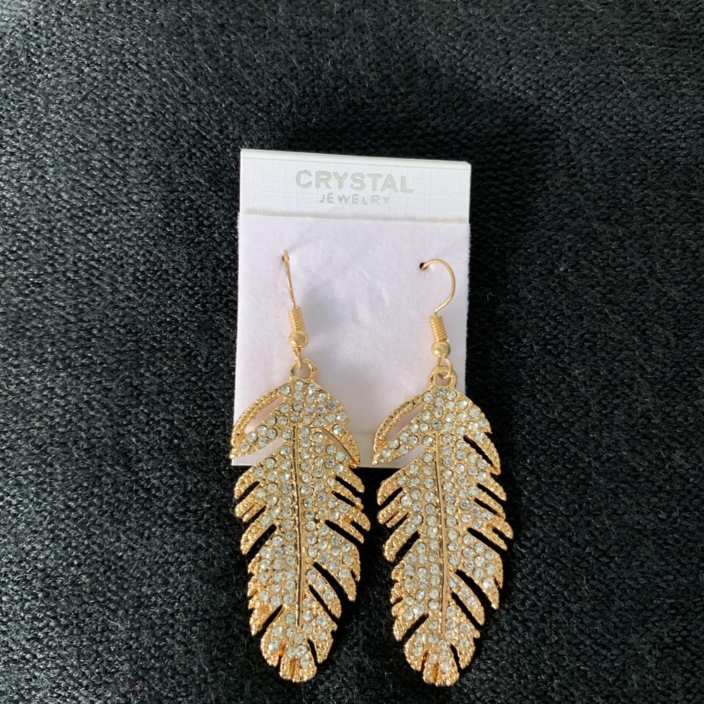 Gold Feather Drop Crystal Earrings